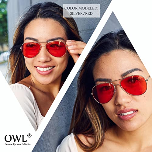 OWL Aviator Classic Sunglasses Silver Frame Red Lens Shades - Image 3