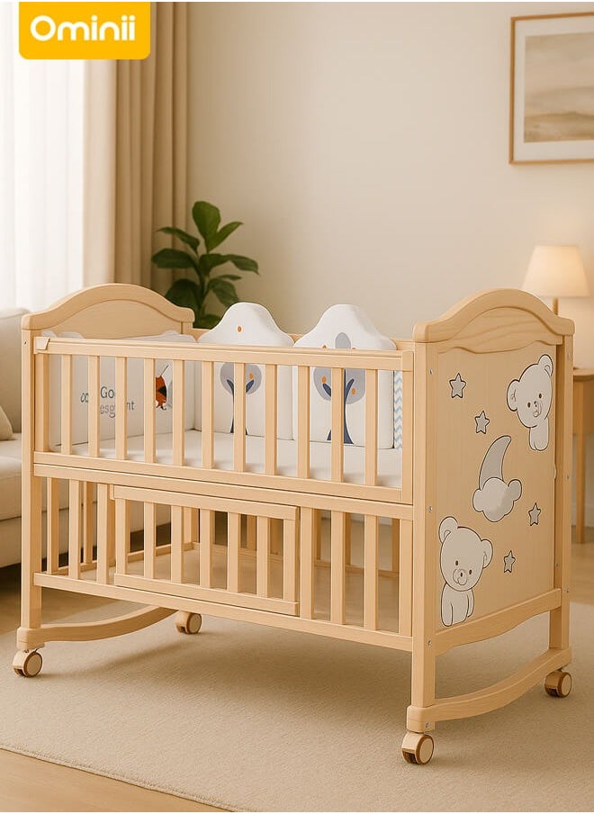 Ominii - 4-in-1 Adjustable Wooden Mobile Crib – Multifunctional Cradle, Playpen, Newborn Bed, Desk, Diaper Changing Table, Co-sleeping Compatible, Easy Assembly, Includes Mosquito Net (Crib Only) - Image 1