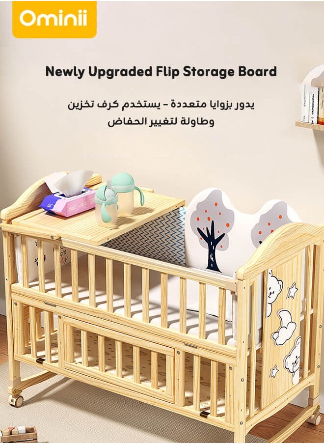 Ominii - 4-in-1 Adjustable Wooden Mobile Crib – Multifunctional Cradle, Playpen, Newborn Bed, Desk, Diaper Changing Table, Co-sleeping Compatible, Easy Assembly, Includes Mosquito Net (Crib Only) - Image 1