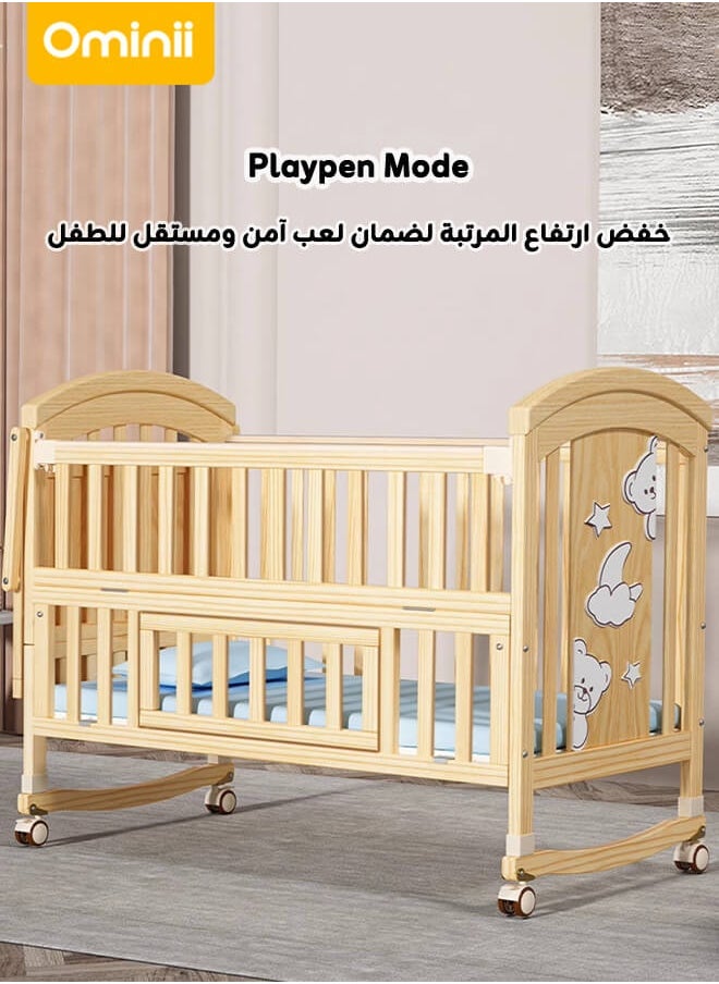 Ominii - 4-in-1 Adjustable Wooden Mobile Crib – Multifunctional Cradle, Playpen, Newborn Bed, Desk, Diaper Changing Table, Co-sleeping Compatible, Easy Assembly, Includes Mosquito Net (Crib Only) - Image 1