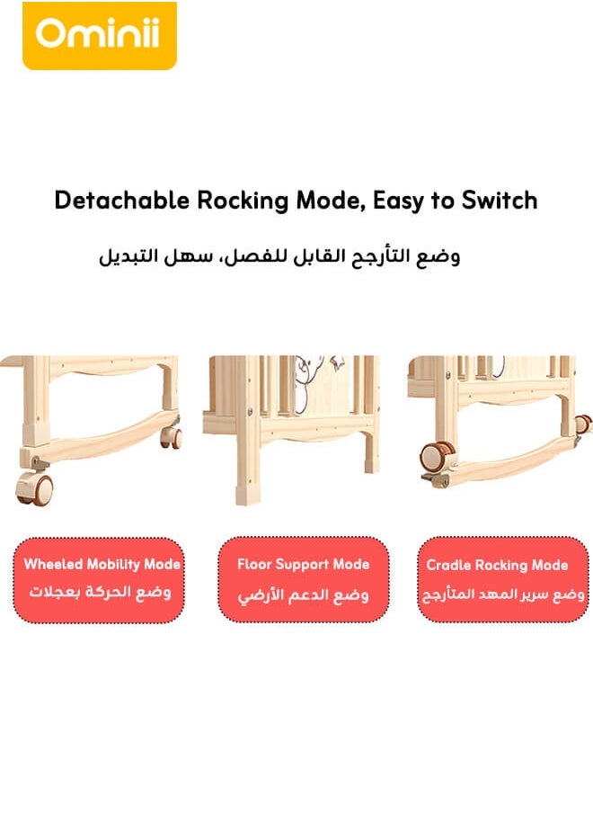 Ominii - 4-in-1 Adjustable Wooden Mobile Crib – Multifunctional Cradle, Playpen, Newborn Bed, Desk, Diaper Changing Table, Co-sleeping Compatible, Easy Assembly, Includes Mosquito Net (Crib Only) - Image 1