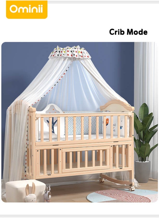 Ominii - 4-in-1 Adjustable Wooden Mobile Crib – Multifunctional Cradle, Playpen, Newborn Bed, Desk, Diaper Changing Table, Co-sleeping Compatible, Easy Assembly, Includes Mosquito Net (Crib Only) - Image 1