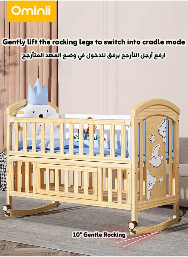 Ominii - 4-in-1 Adjustable Wooden Mobile Crib – Multifunctional Cradle, Playpen, Newborn Bed, Desk, Diaper Changing Table, Co-sleeping Compatible, Easy Assembly, Includes Mosquito Net (Crib Only) - Image 1