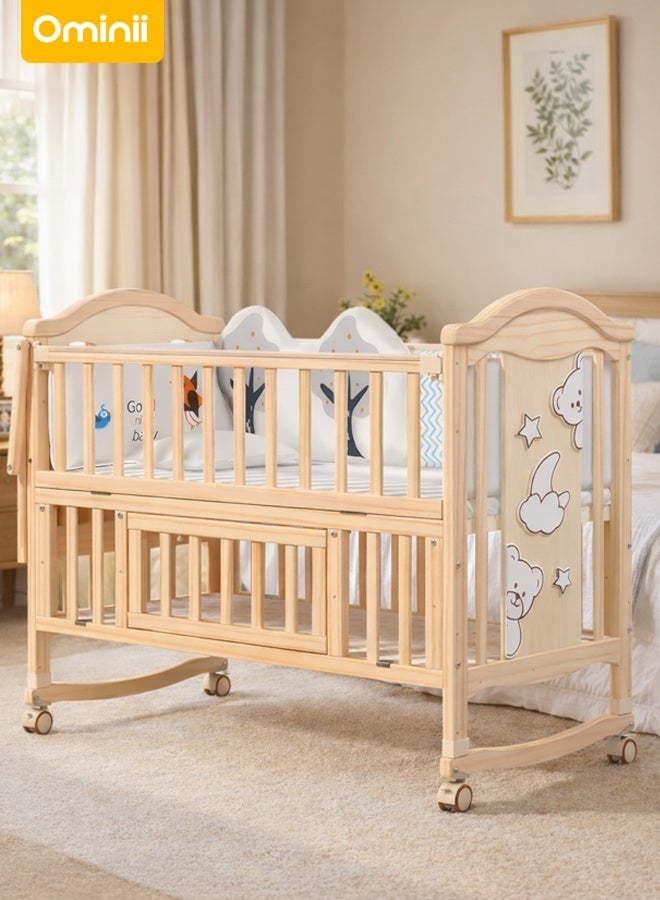 أوميني سرير أطفال خشبي متنقل 4 في 1 – مهد متعدد الوظائف، ساحة لعب، سرير لحديثي الولادة، مكتب، طاولة لتغيير الحفاض، مناسب للنوم المشترك، سهل التركيب، يشمل ناموسية (السرير فقط) - Image 1
