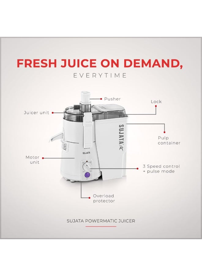 سوجاتا Sujata Powermatic Juicer |900 Watts Double Ball Bearing Motor|22000 RPM|Non-Stop 90 Mins Running| Centrifugal Juicer | White - Image 2