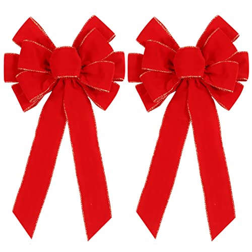 عبوتين من bows عيد الميلاد الحمراء لتزيين الهواء الطلق 12x20 قوس كبير لتزيين شجرة عيد الميلاد قوس من المخمل مع حافة ذهبية لامعة لتزيين باب المنزل في عيد الميلاد