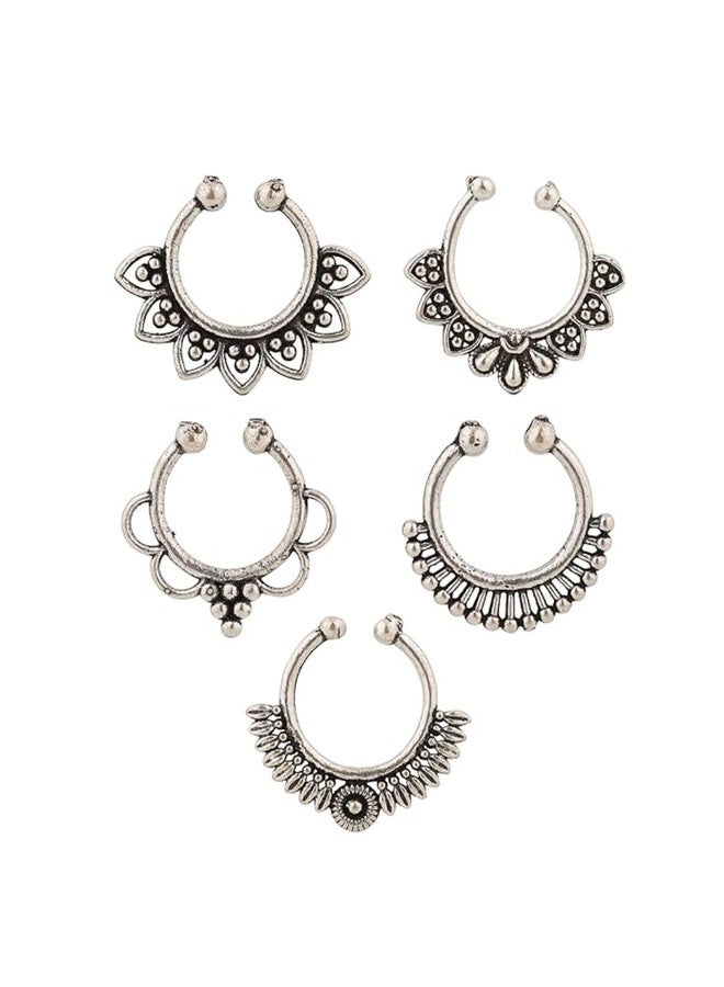 NVR Set of 5 Oxidised German silver Nosepin for Women and Girls|No Piercing required|Floral Shaped Nosepin Combo|Birthday Gift for Girls and Women Anniversary Gift for Wife|Enjoy pain-free expression - Image 1