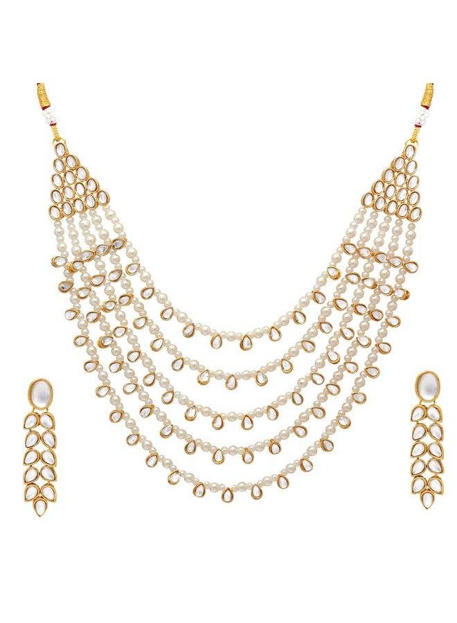 Peora Gold Plated White Pearl Kundan Layered Necklace Earring Jewellery Set For Unisex Adult - Image 4