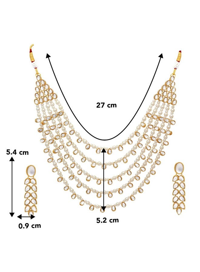 Peora Gold Plated White Pearl Kundan Layered Necklace Earring Jewellery Set For Unisex Adult - Image 5
