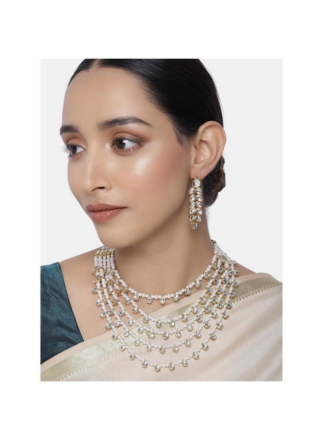 Peora Gold Plated White Pearl Kundan Layered Necklace Earring Jewellery Set For Unisex Adult - Image 3