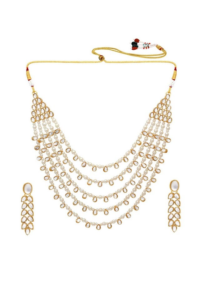 Peora Gold Plated White Pearl Kundan Layered Necklace Earring Jewellery Set For Unisex Adult - Image 1