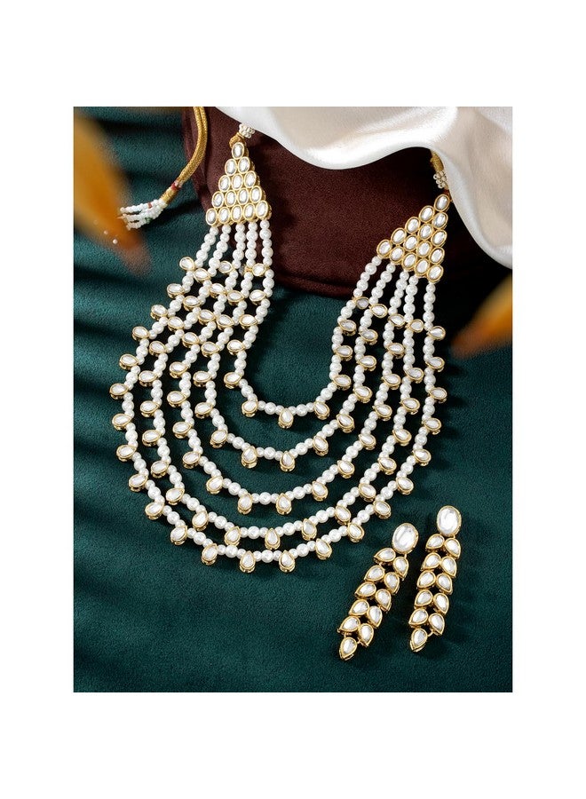Peora Gold Plated White Pearl Kundan Layered Necklace Earring Jewellery Set For Unisex Adult - Image 2