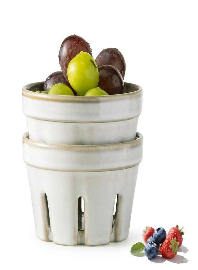 Gomakren Ceramic Berry Basket Set of 2, Round Fruit Bowl with Holes, Small Fruit Basket Containers for Kitchen Counter, Berries, Strawberry, Grape, Cherry, White - Image 1