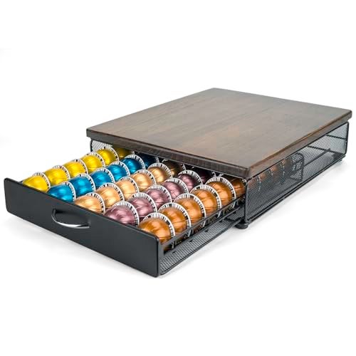 HiveNets for Vertuo Coffee Capsule Storage Drawer Compatible with Nespresso Vertuoline Pods Holder Metal and Wood Top Organizer can hold 50 Pods - Image 1