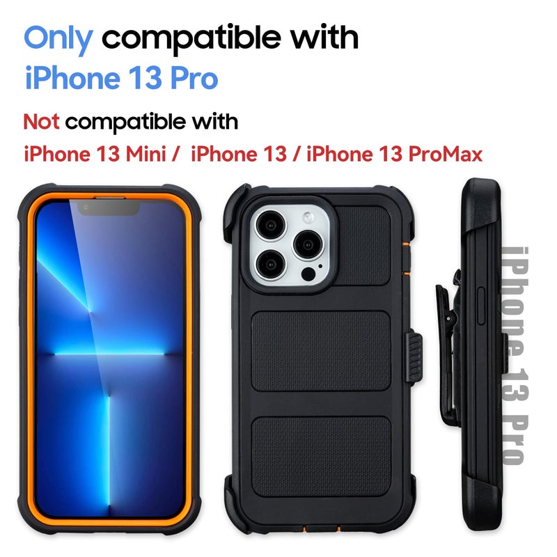 Saiboro for Defender Phone Case iPhone 13 Pro Case with Clip Holster,Heavy Duty Rugged Full-Body Protective,3 Layers of Sturdy,Military-Grade Shockproof Cover for iPhone Pro 13 Cases Defender(Black & Orange) - Image 4