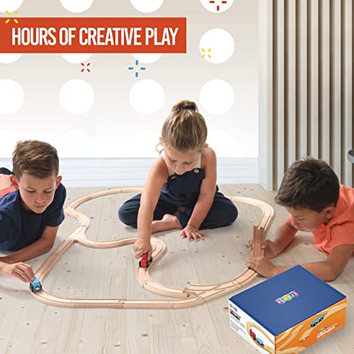 Play22 Wooden Train Tracks - 52 PCS + 2 Bonus Car Toy Trains - for Kids is Compatible with Thomas Wooden Railway Systems and All Major Brands - Original - Image 2