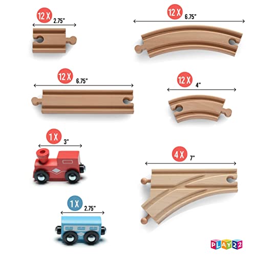 Play22 Wooden Train Tracks - 52 PCS + 2 Bonus Car Toy Trains - for Kids is Compatible with Thomas Wooden Railway Systems and All Major Brands - Original - Image 4