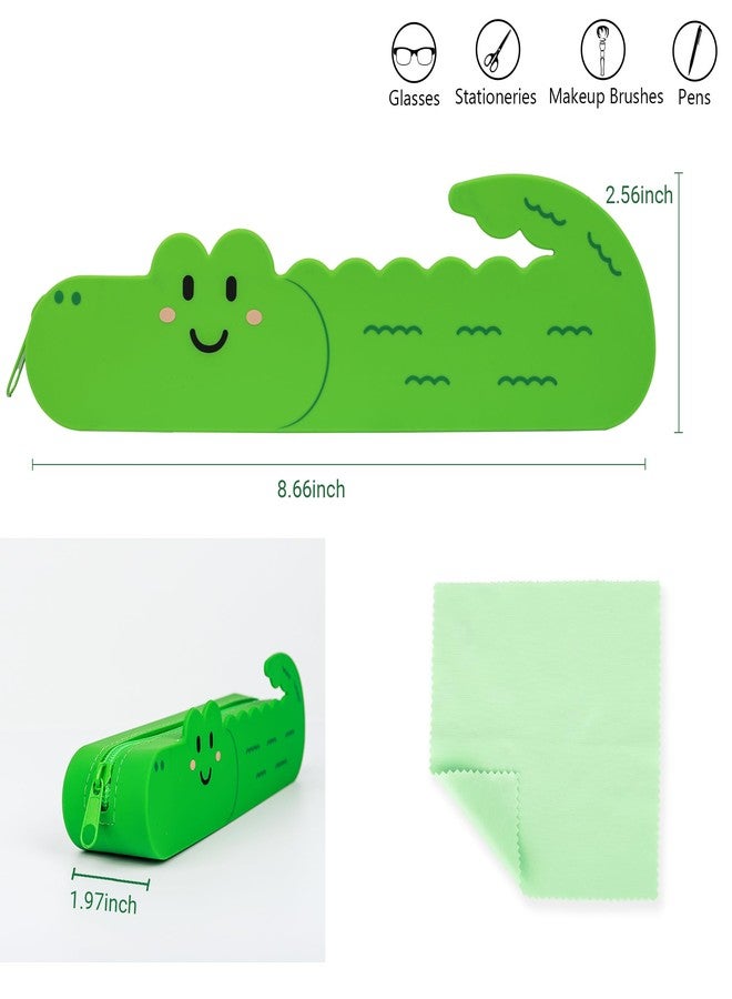 Umbrotiger Crocodile Silicone Pencil Case - Resilient Water-Repellent Pen Holder for Artists & Office, Reusable Alligator Design Storage Bag with Green Cleaning Cloth, 8.66 Inch - Image 2