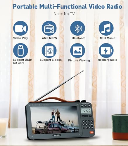 ONGTEED 720P 7Inch Screen AM FM Movie Video Radio with Bluetooth Speaker Rechargeable Digital Shortwave MP3 MP4 Player Radio Support USBMicro SD Card Loud Speaker and Headphone Jack NO TV - Image 3