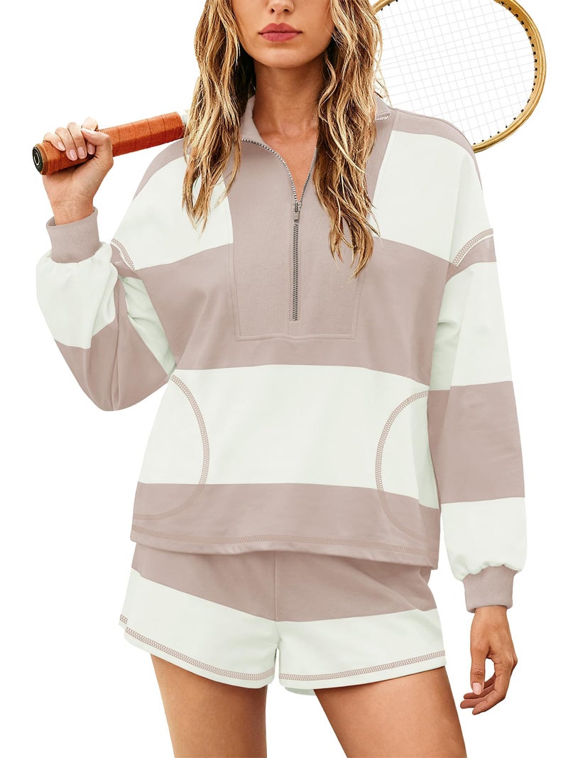 Yanekop Womens Oversized Striped Set Matching Workout Sets Lounge Sets 2 Piece Outfits Half Zip Pullover and Shorts Set(Beige,M) - Image 1