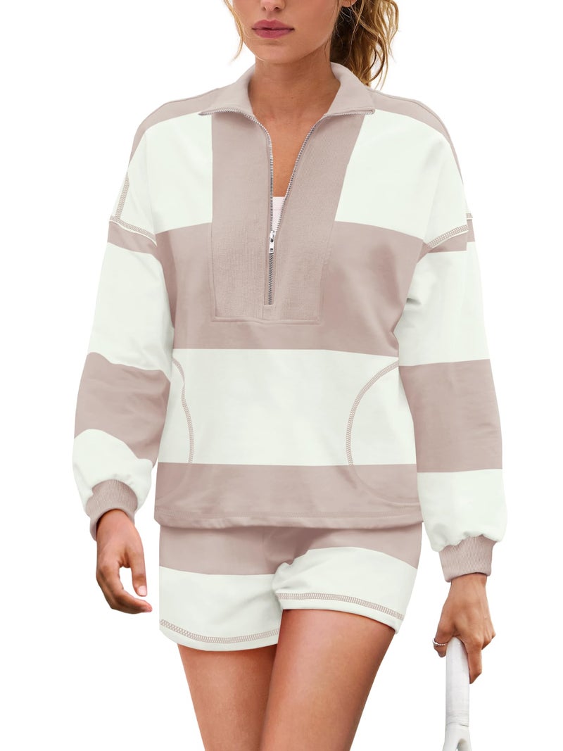Yanekop Womens Oversized Striped Set Matching Workout Sets Lounge Sets 2 Piece Outfits Half Zip Pullover and Shorts Set(Beige,M) - Image 2