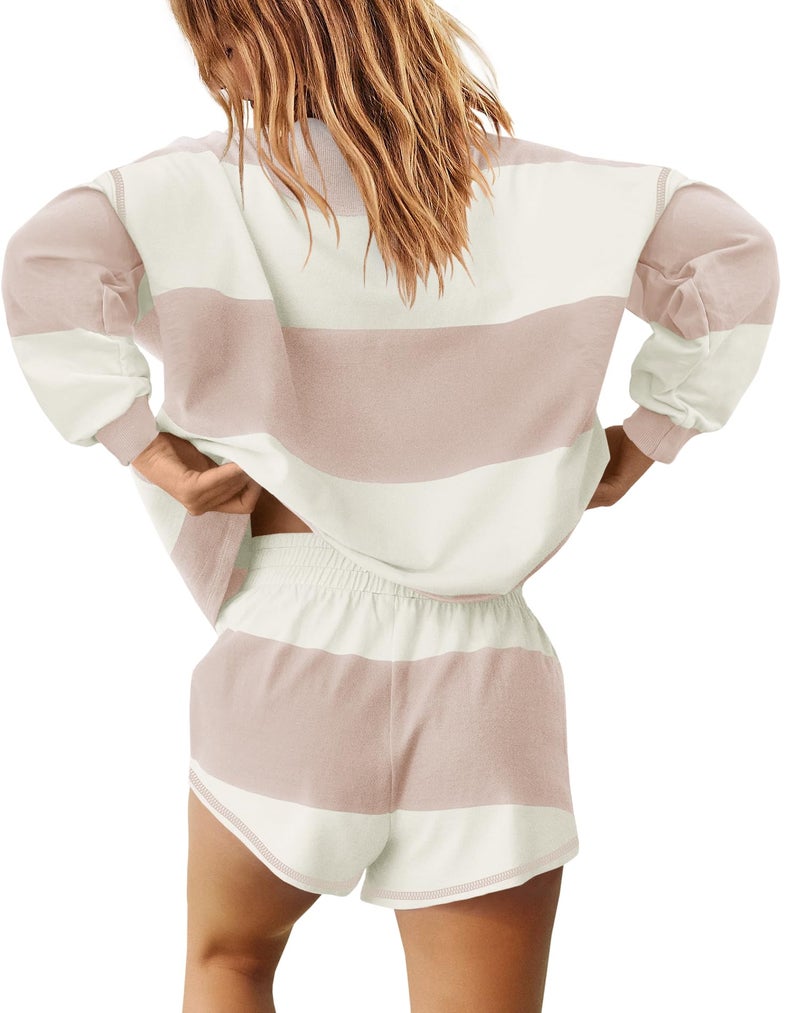 Yanekop Womens Oversized Striped Set Matching Workout Sets Lounge Sets 2 Piece Outfits Half Zip Pullover and Shorts Set(Beige,M) - Image 4