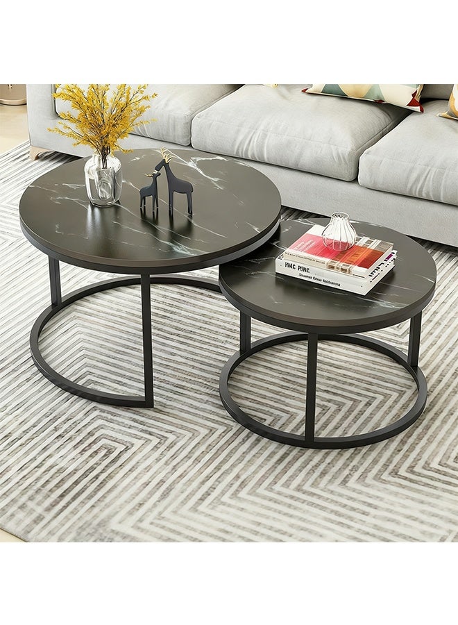 2-Pieces Round Nested Coffee Table Tea TableSet Modern Minimalist Side End Table with Open Storage Countertop for Living Room Bedroom Sofa Side Table, End Table (Black) - Image 1