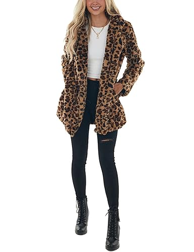Omoone Women's Faux Fur Jackets Autumn Winter Leopard Coats Loose Fur Coat with Pockets(3361-Brown-M) - Image 5