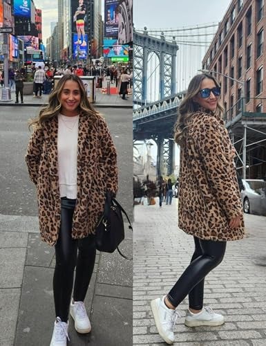 Omoone Women's Faux Fur Jackets Autumn Winter Leopard Coats Loose Fur Coat with Pockets(3361-Brown-M) - Image 3