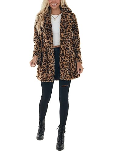 Omoone Women's Faux Fur Jackets Autumn Winter Leopard Coats Loose Fur Coat with Pockets(3361-Brown-M) - Image 2