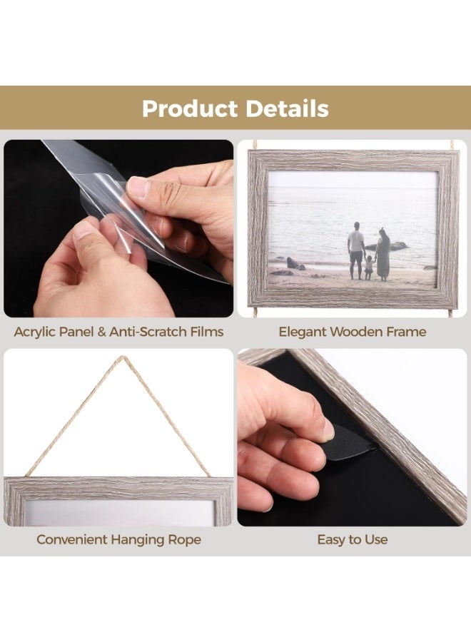 Farmhouse Wooden Hanging Photo Frames, Rustic Wall Picture Display with Jute Rope, Acrylic Panel 4-Photo Collage Frames for Living Room, Bedroom, Office, Stairs Decor - Image 3