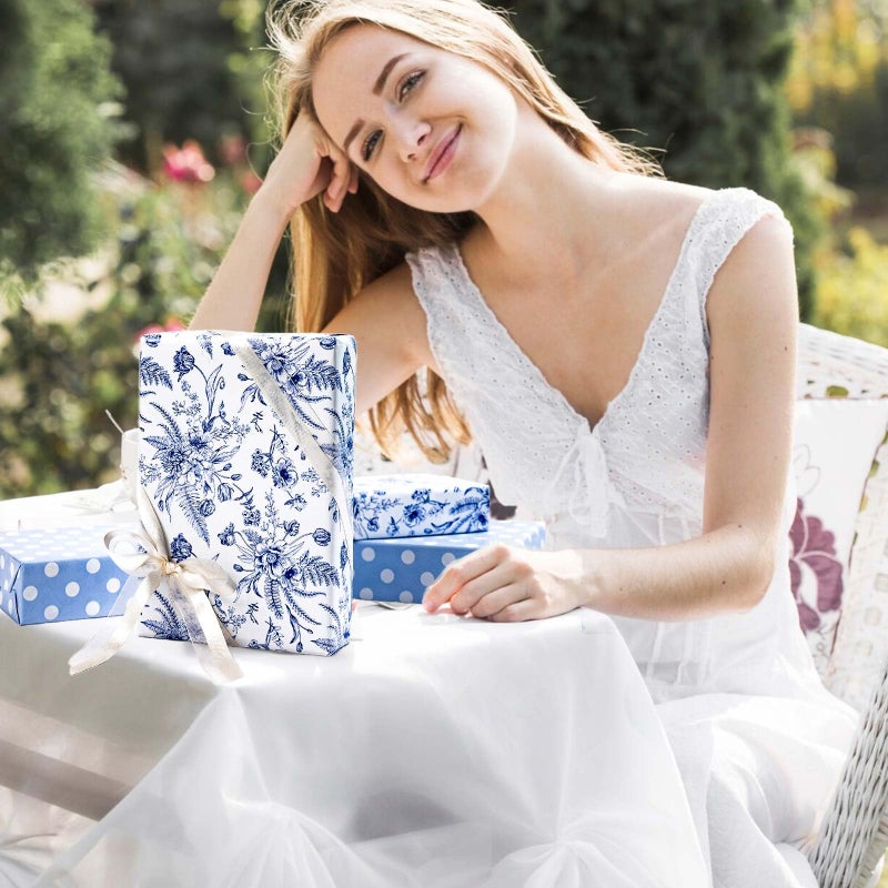 Yarcony Blue Floral Wrapping Paper Roll, Blue and White Wrapping Paper, Elegant Vintage Toile Flower Garden Gift Wrap for Upscale Gifts, Wedding, Birthday, Baby Shower, Mother's Day (17 In X 16.5 Ft) - Image 4