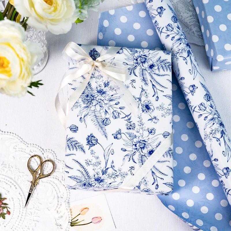 Yarcony Blue Floral Wrapping Paper Roll, Blue and White Wrapping Paper, Elegant Vintage Toile Flower Garden Gift Wrap for Upscale Gifts, Wedding, Birthday, Baby Shower, Mother's Day (17 In X 16.5 Ft) - Image 2