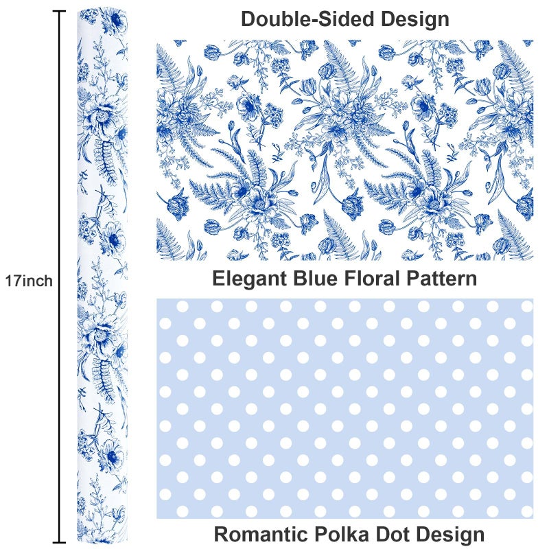 Yarcony Blue Floral Wrapping Paper Roll, Blue and White Wrapping Paper, Elegant Vintage Toile Flower Garden Gift Wrap for Upscale Gifts, Wedding, Birthday, Baby Shower, Mother's Day (17 In X 16.5 Ft) - Image 3
