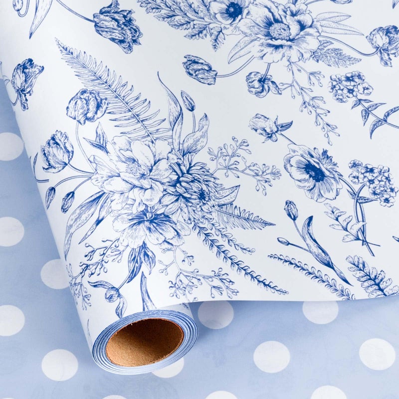 Yarcony Blue Floral Wrapping Paper Roll, Blue and White Wrapping Paper, Elegant Vintage Toile Flower Garden Gift Wrap for Upscale Gifts, Wedding, Birthday, Baby Shower, Mother's Day (17 In X 16.5 Ft) - Image 1