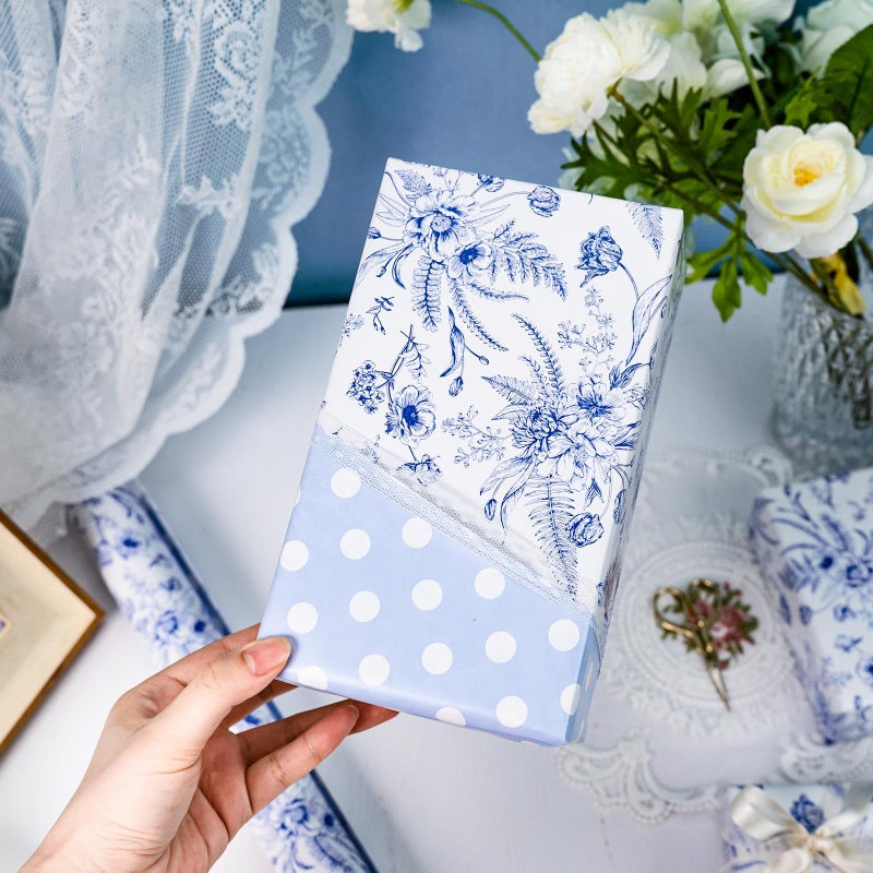 Yarcony Blue Floral Wrapping Paper Roll, Blue and White Wrapping Paper, Elegant Vintage Toile Flower Garden Gift Wrap for Upscale Gifts, Wedding, Birthday, Baby Shower, Mother's Day (17 In X 16.5 Ft) - Image 5