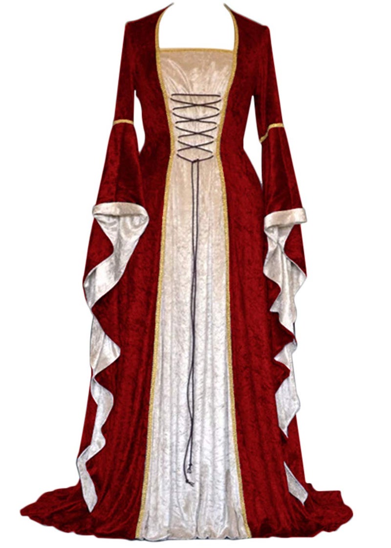 YEAXLUD Womens Renaissance Medieval Costume Dress Lace up Irish Over Long Dresses Cosplay Retro Gown S-5XL (L, Wine Red) - Image 1