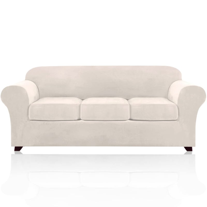 PrinceDeco Velvet Couch Covers for Sofa Soft 4 Pieces Couch Covers for 3 Cushion Couch Sofa Pet Friendly Furniture Protector with Non Slip Elastic Bottom Width Up to 90 Inch Large Ivory