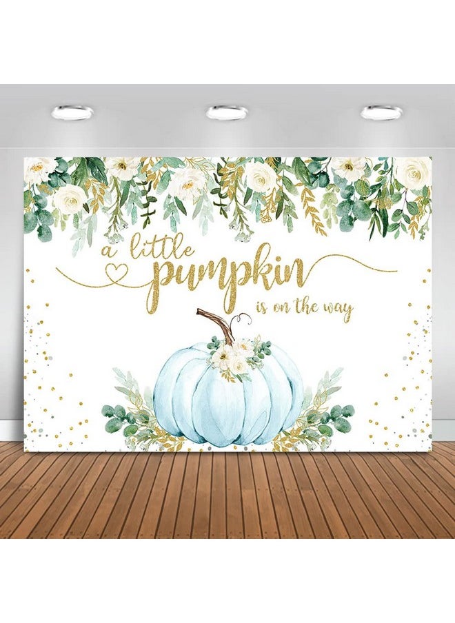 Mocsicka Boy Pumpkin Baby Shower Backdrop Greenery Blue Floral Fall Baby Shower Background Autumn Pumpkin Baby Shower Party Cake Table Decoration Banner Photo Booth Props (7X5Ft)  - Image 1