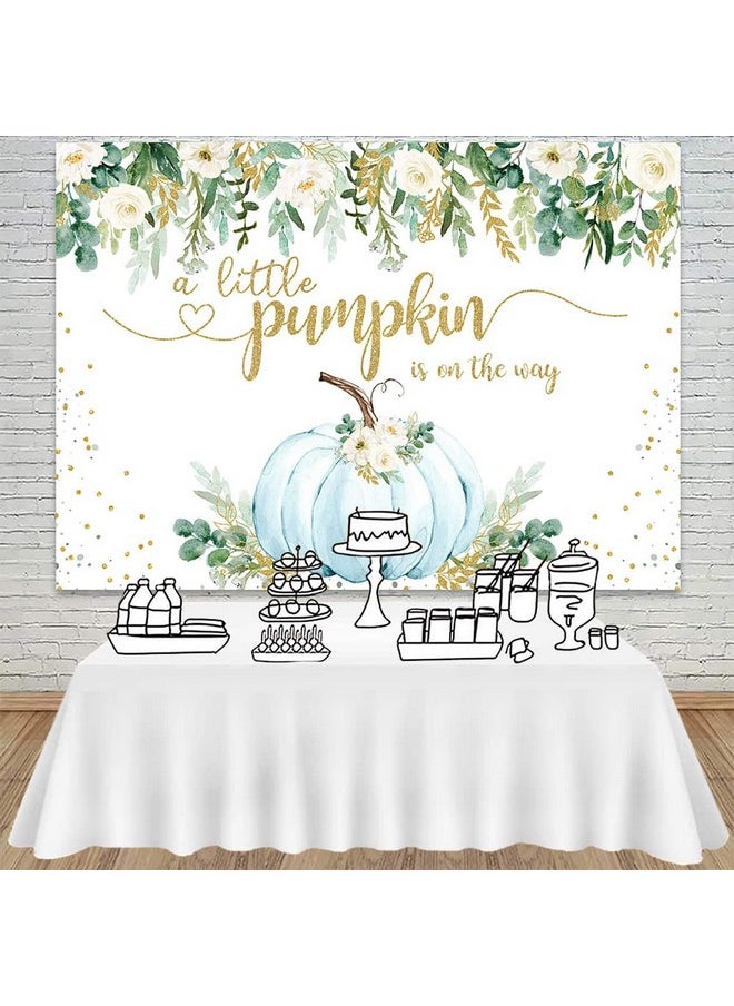 Mocsicka Boy Pumpkin Baby Shower Backdrop Greenery Blue Floral Fall Baby Shower Background Autumn Pumpkin Baby Shower Party Cake Table Decoration Banner Photo Booth Props (7X5Ft)  - Image 4