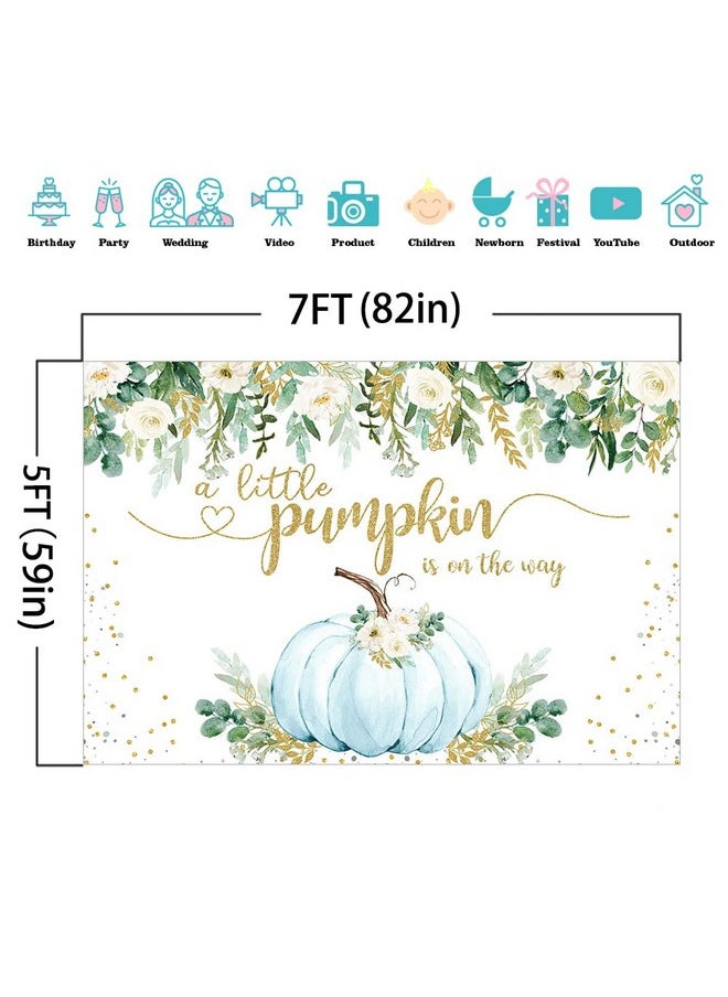 Mocsicka Boy Pumpkin Baby Shower Backdrop Greenery Blue Floral Fall Baby Shower Background Autumn Pumpkin Baby Shower Party Cake Table Decoration Banner Photo Booth Props (7X5Ft)  - Image 5