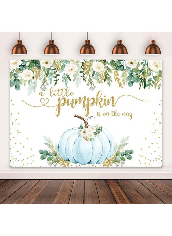 Mocsicka Boy Pumpkin Baby Shower Backdrop Greenery Blue Floral Fall Baby Shower Background Autumn Pumpkin Baby Shower Party Cake Table Decoration Banner Photo Booth Props (7X5Ft)  - Image 3