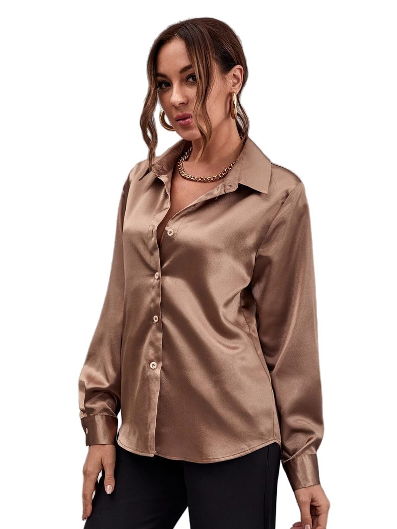 Bowrain Satin Silk Fabric Full Sleeve Top Regular Fit Shirt For Women And Girl, (Brown), (Extra Large) - Image 1