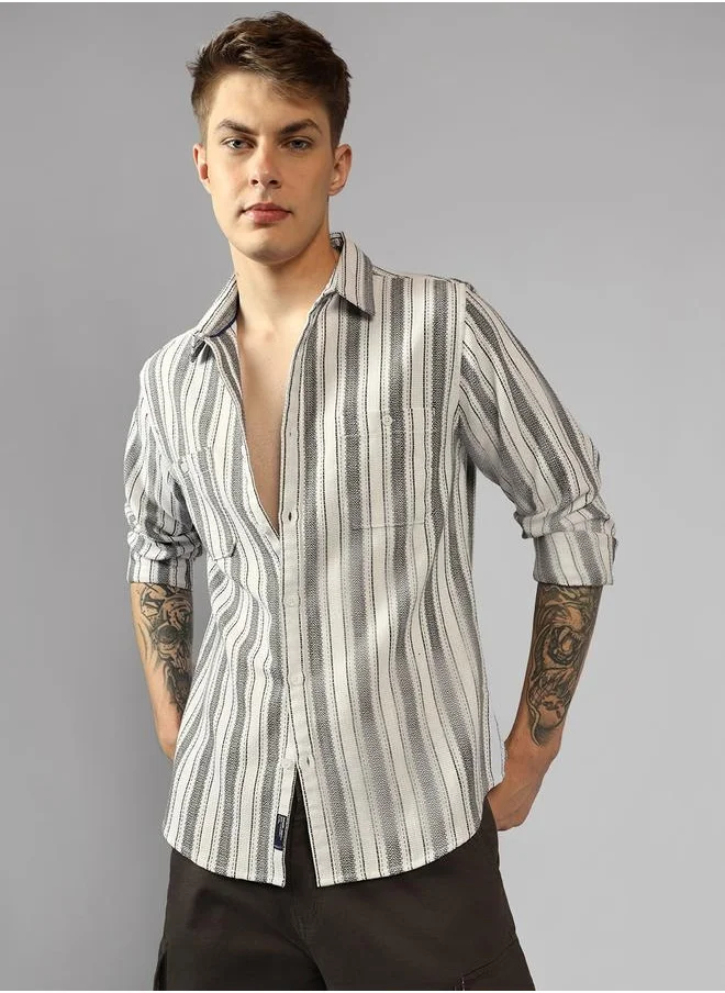 دينيس لينغو Relaxed Fit Multi Colour Cotton Blended Waffle Striped Spread Collar Full Sleeve Shirt for Men – Unique and Stylish