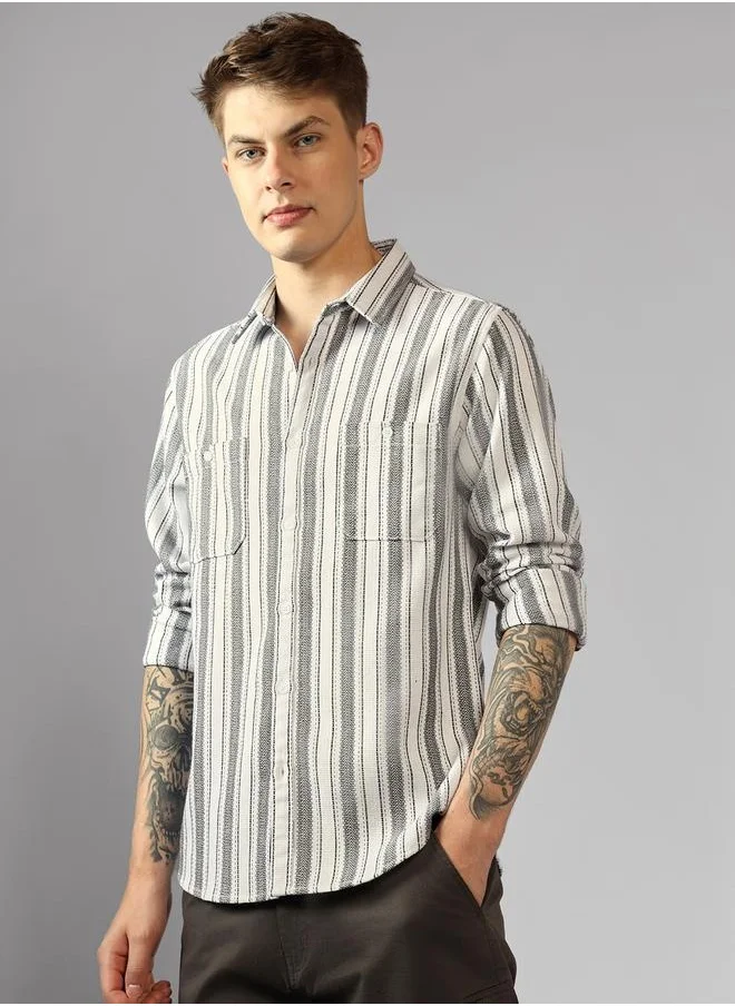 دينيس لينغو Relaxed Fit Multi Colour Cotton Blended Waffle Striped Spread Collar Full Sleeve Shirt for Men – Unique and Stylish