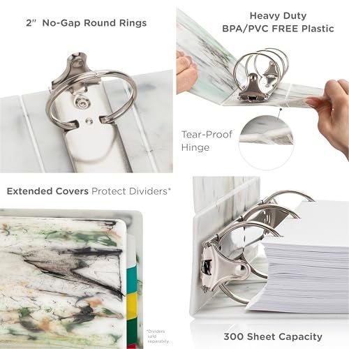 Carstens Limited Edition 2-Inch Green Marble Heavy Duty 3-Ring Binder – Side Opening, Waterproof, Durable Plastic, No-Gap Rings, Holds 300 Sheets, BPA-Free, Made in USA (2843-3R) - Image 4