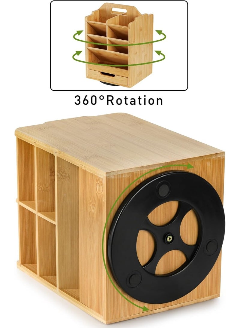 Bamboo Pen Holder Organizer, 360°Rotating Art Supply Storage Caddy, Hold 400+ Pencils, 15 compartments Office Desk Stand Box with Handle for Marker Pens, Colored Pencil, Art Brushes - Image 3