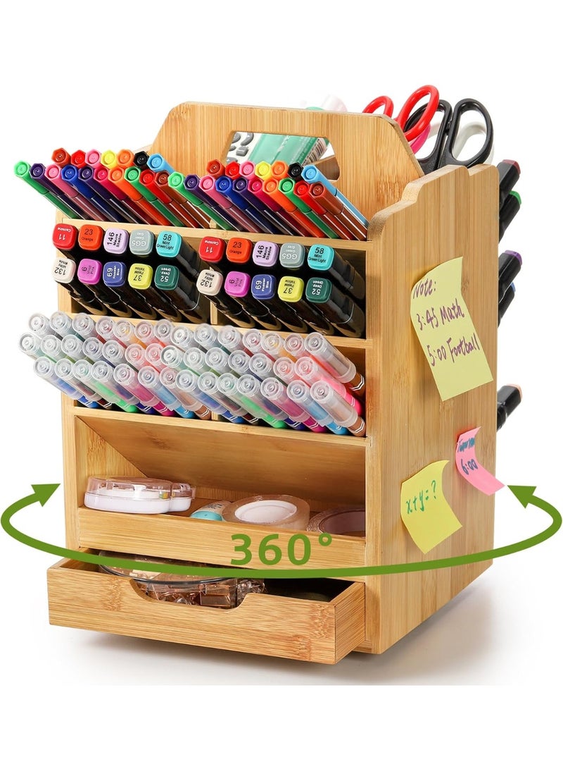 Bamboo Pen Holder Organizer, 360°Rotating Art Supply Storage Caddy, Hold 400+ Pencils, 15 compartments Office Desk Stand Box with Handle for Marker Pens, Colored Pencil, Art Brushes - Image 1