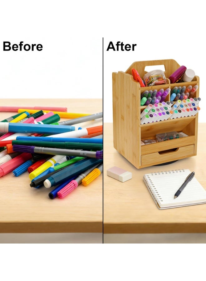 Bamboo Pen Holder Organizer, 360°Rotating Art Supply Storage Caddy, Hold 400+ Pencils, 15 compartments Office Desk Stand Box with Handle for Marker Pens, Colored Pencil, Art Brushes - Image 5