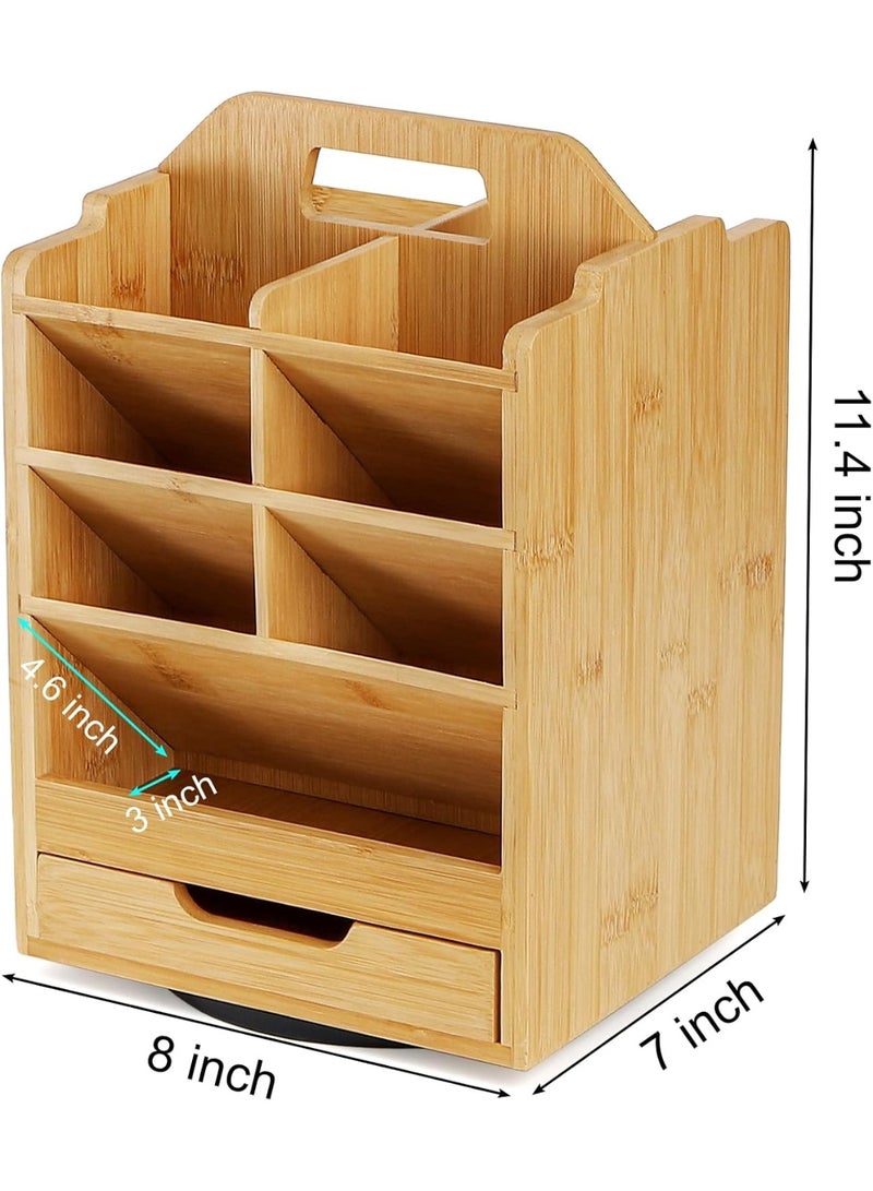 Bamboo Pen Holder Organizer, 360°Rotating Art Supply Storage Caddy, Hold 400+ Pencils, 15 compartments Office Desk Stand Box with Handle for Marker Pens, Colored Pencil, Art Brushes - Image 2